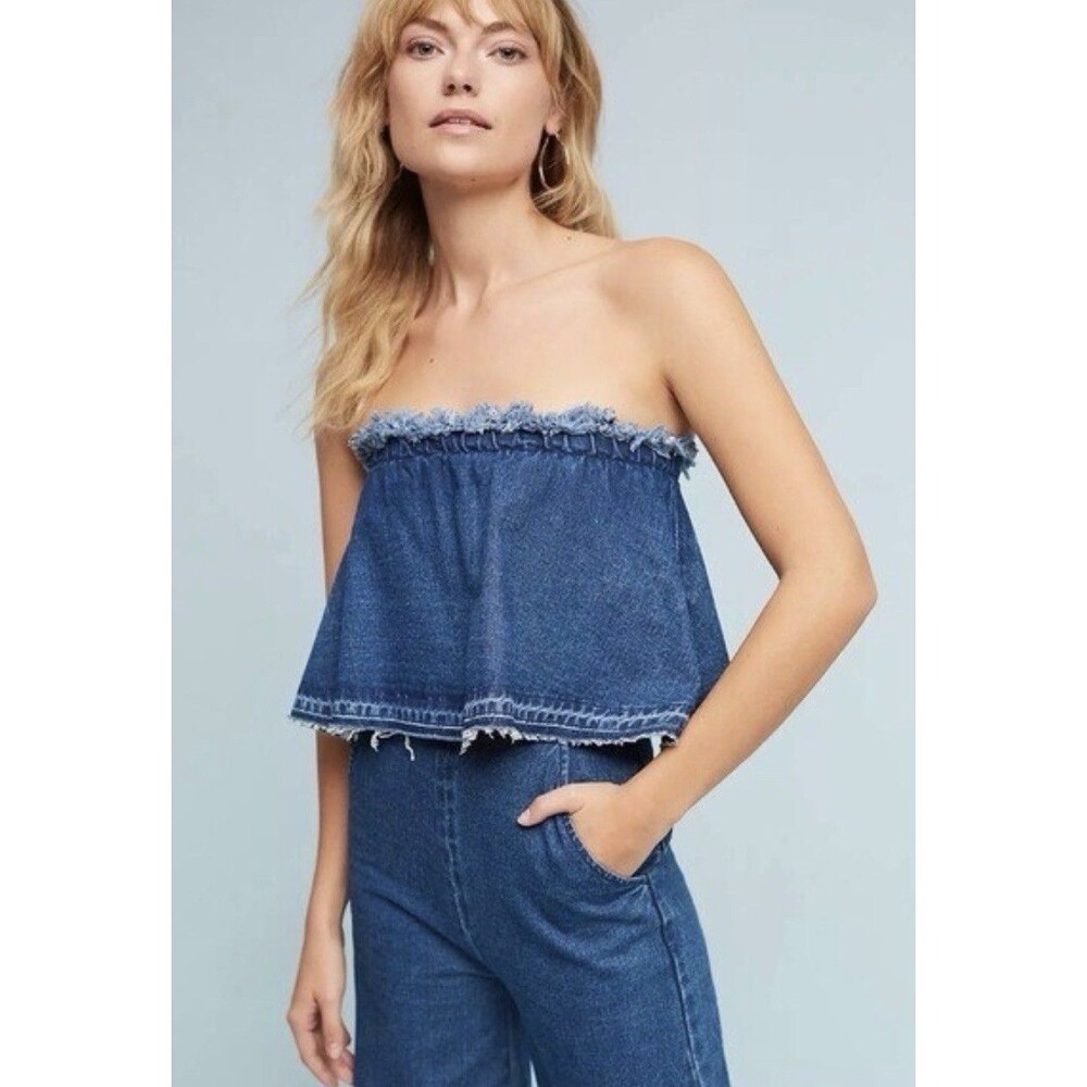 Anthropologie Hei Hei Tiered Strapless Denim Jumpsuit Size Small